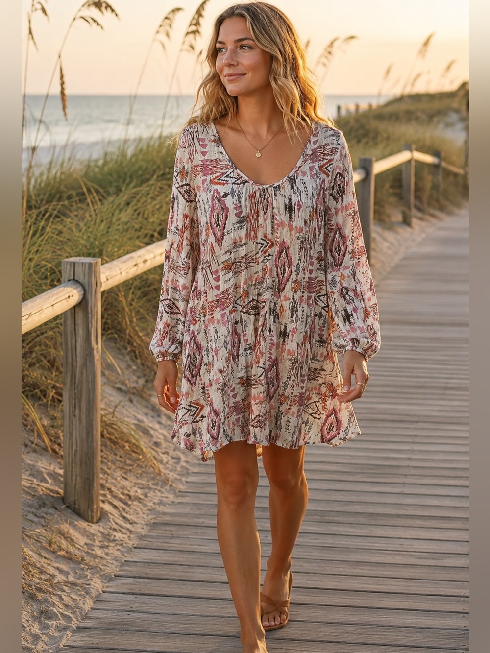Billabong Womens Dress Sz S Cross Back Mini‎ Babydoll Boho Hippie Tribal Print